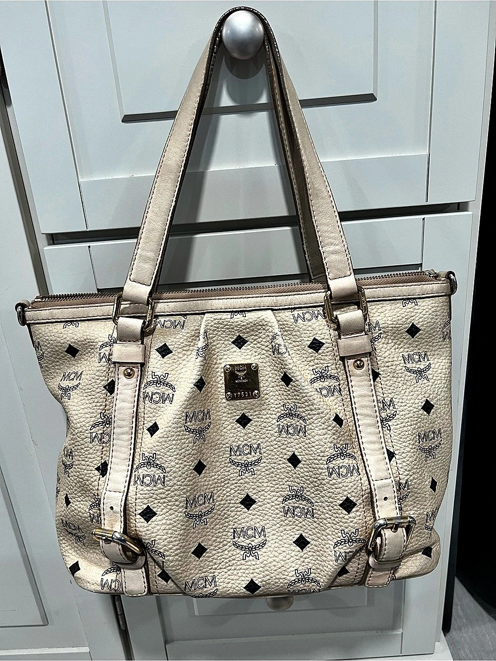 MCM Essential Visetos Monogram Tote Bag in Beige & Black